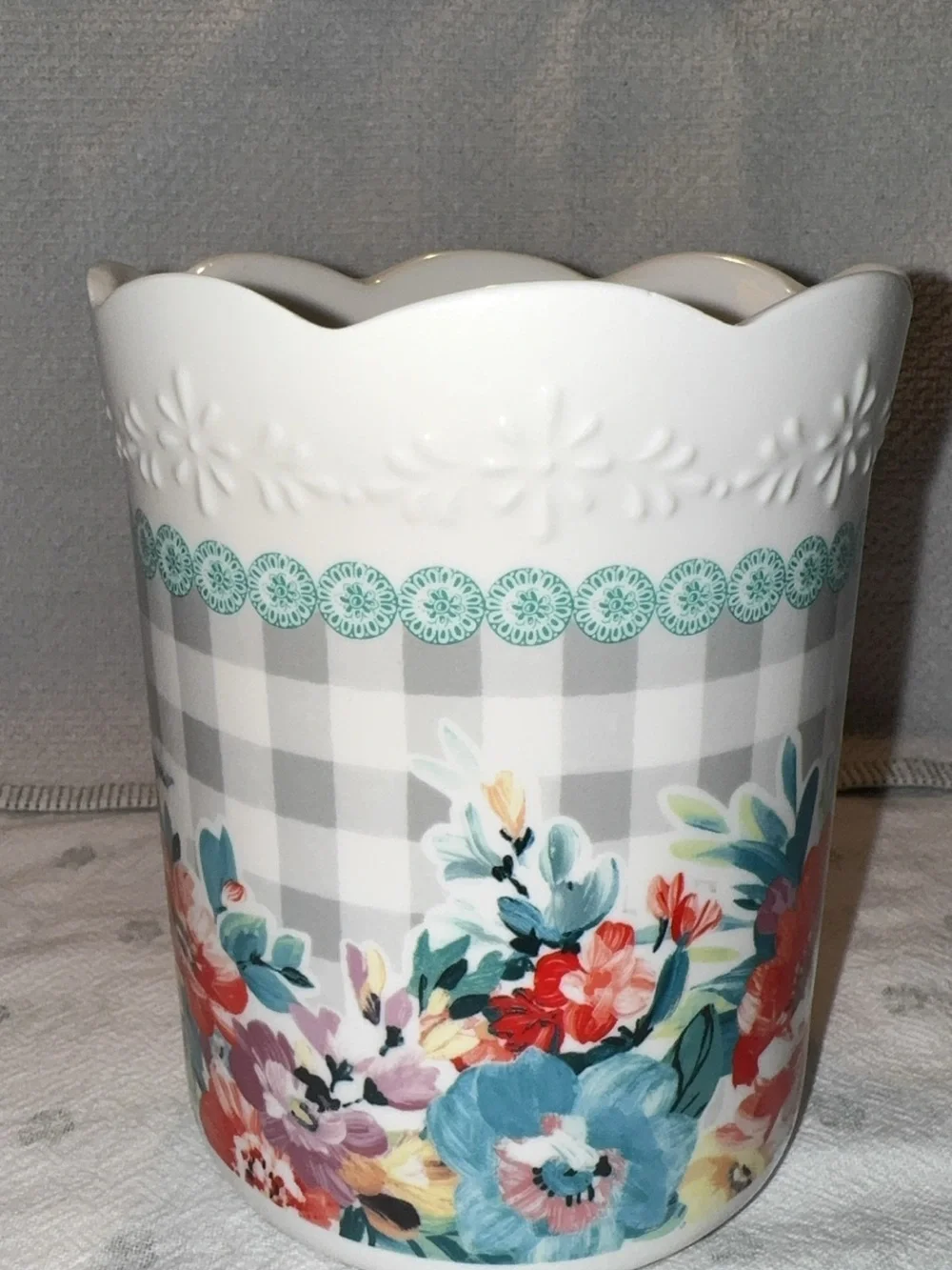 Floral Ceramic Utensil Holder - White with Multicolor Floral Pattern